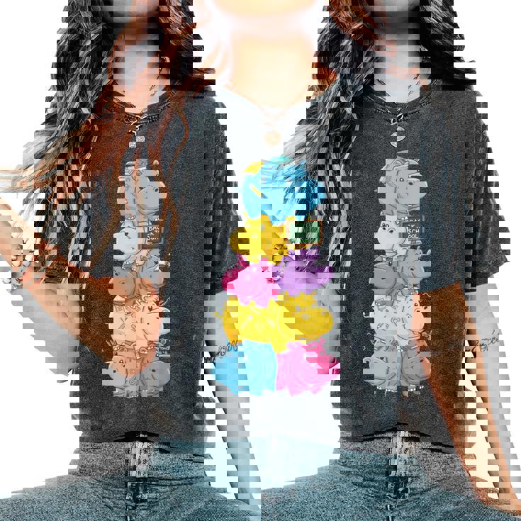 おもしろカバ カラフル レインボー 新学期 キッズ 男の子 女の子 レディースオーバーサイズコンフォートTシャツ