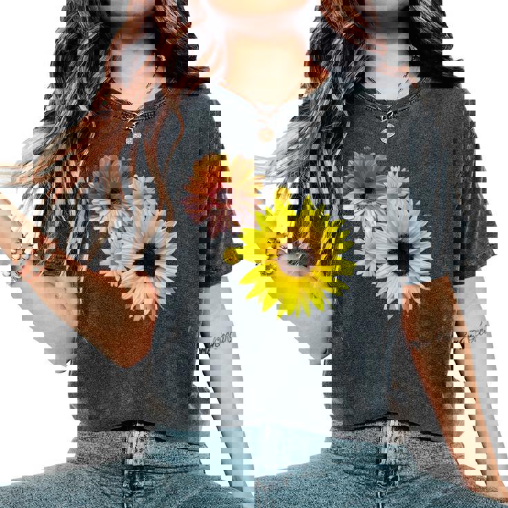 ひまわり ガーベラ 花 デイジー ガーベラ 花 デイジー 花柄 レディースオーバーサイズコンフォートTシャツ