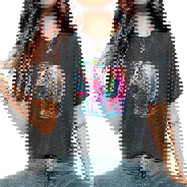 カバ 男性 女性 カラフル 水彩 カバ レディースオーバーサイズコンフォートTシャツ