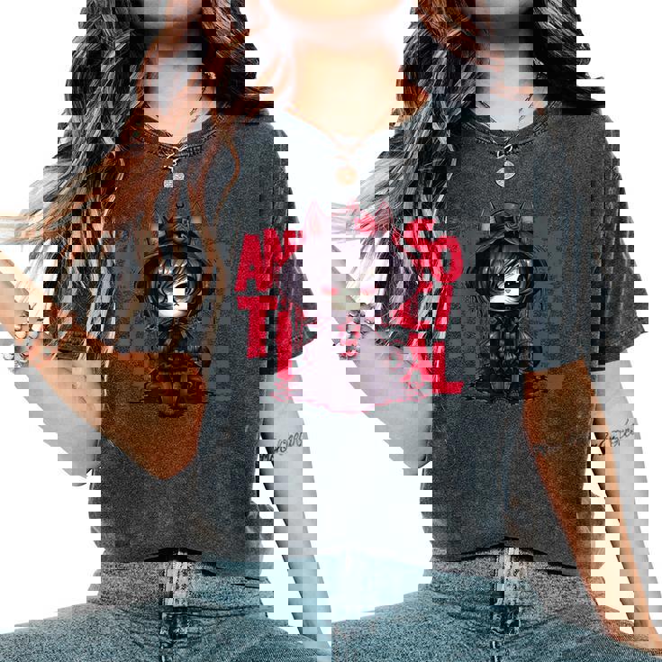 カワイイ アニメ ゴシック 猫 女の子 ちび 反社会的 メンヘラ グランジ レディースオーバーサイズコンフォートTシャツ