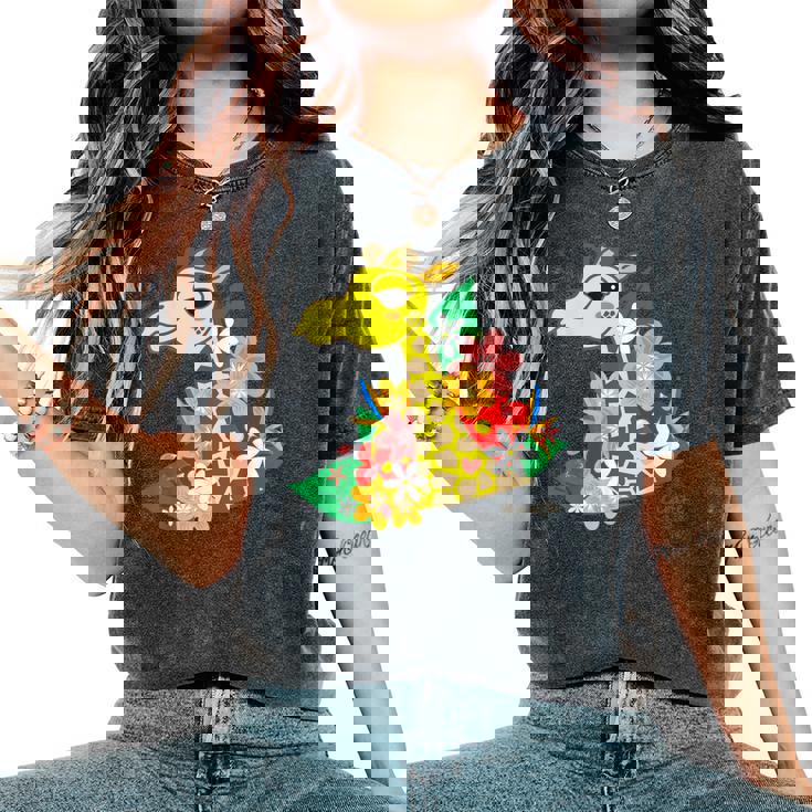 キリン 花 Giraffes Flower レディースオーバーサイズコンフォートTシャツ