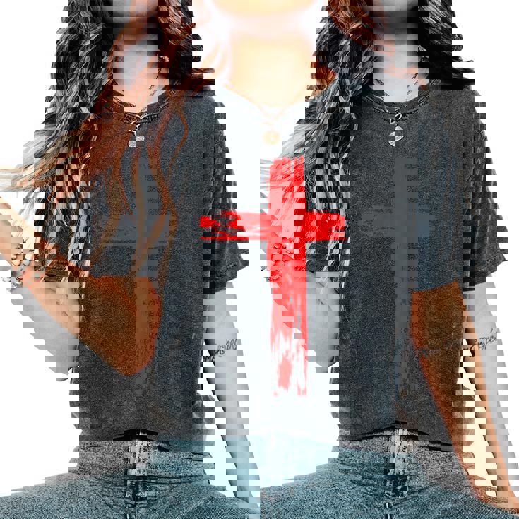 タトゥーレッドクロスオーダー I Christian I Brushtroke I Cross レディースオーバーサイズコンフォートTシャツ