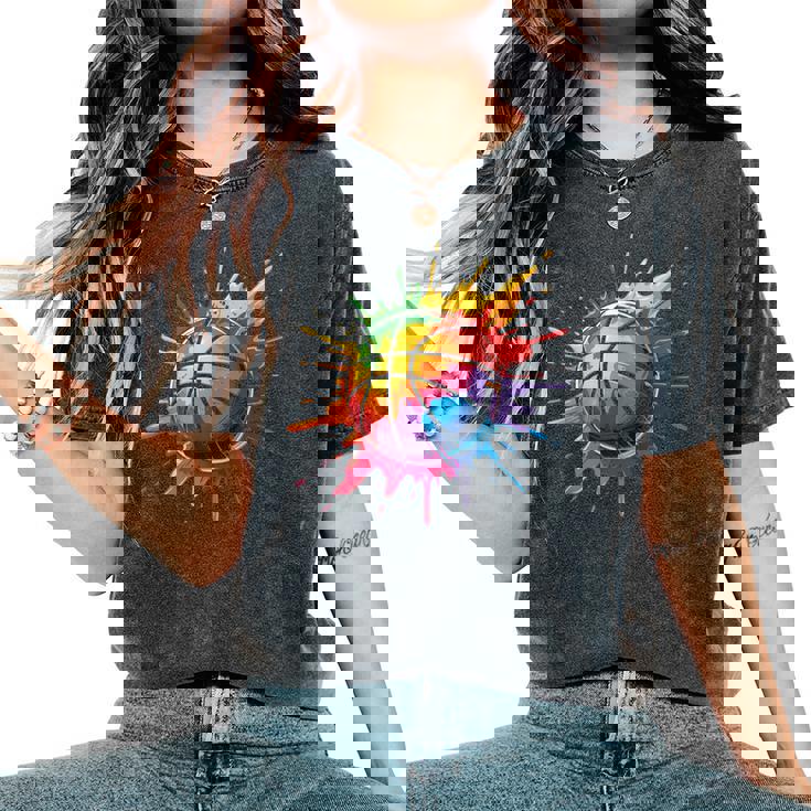 バスケットボール スポーツ ペイント スプラッシュアート カラフル 男の子 女の子 キッズ レディースオーバーサイズコンフォートTシャツ