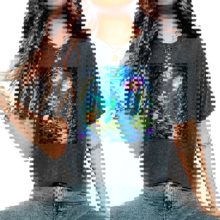 ファンタジー グリーン 鳥 花 レディースオーバーサイズコンフォートTシャツ