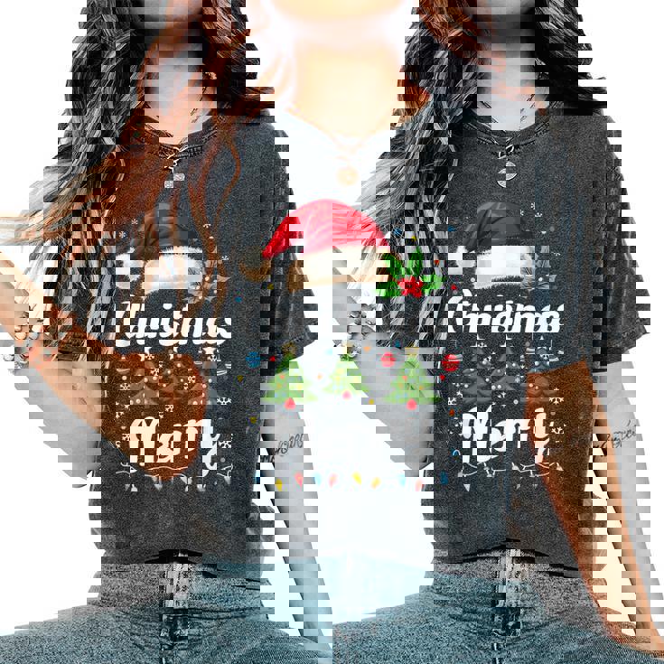 メリークリスマスライト 赤いサンタ帽子 クリスマス ファミリー 男性 女性 レディースオーバーサイズコンフォートTシャツ