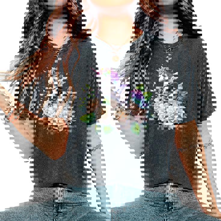 ユニコーン ライディング クチナシ 男の子 女の子 男性 女性 キッズ 大人 レディースオーバーサイズコンフォートTシャツ