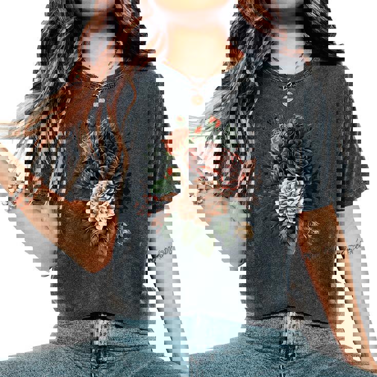 ヴィンテージ 薔薇 花 花 イラスト 花 レディースオーバーサイズコンフォートTシャツ