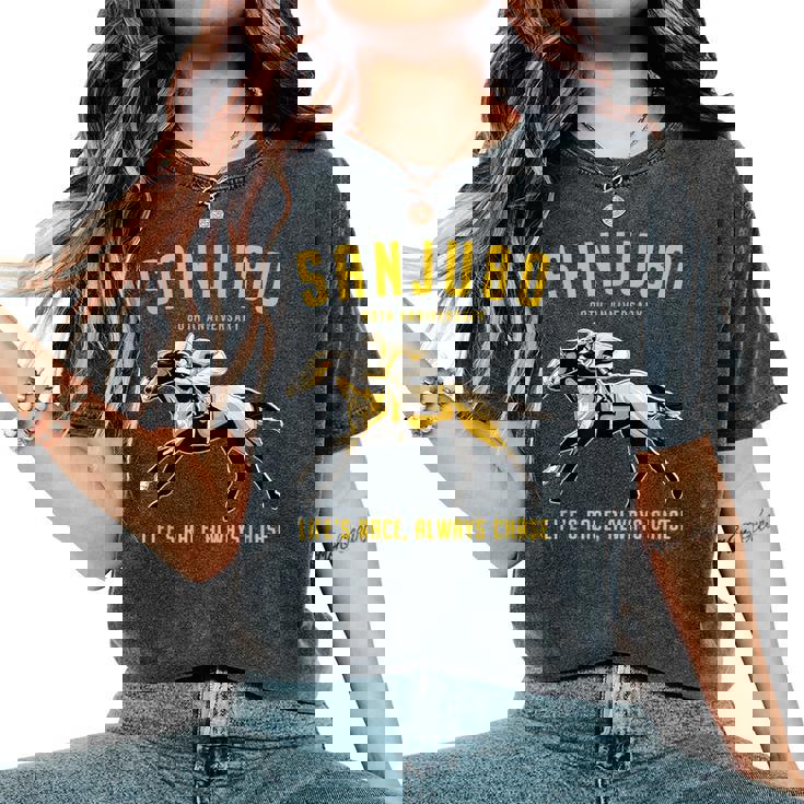 傘寿祝い 競馬好き うま 馬好き 父 母 男性 女性 80歳お祝い Life's Race Always Chase レディースオーバーサイズコンフォートTシャツ