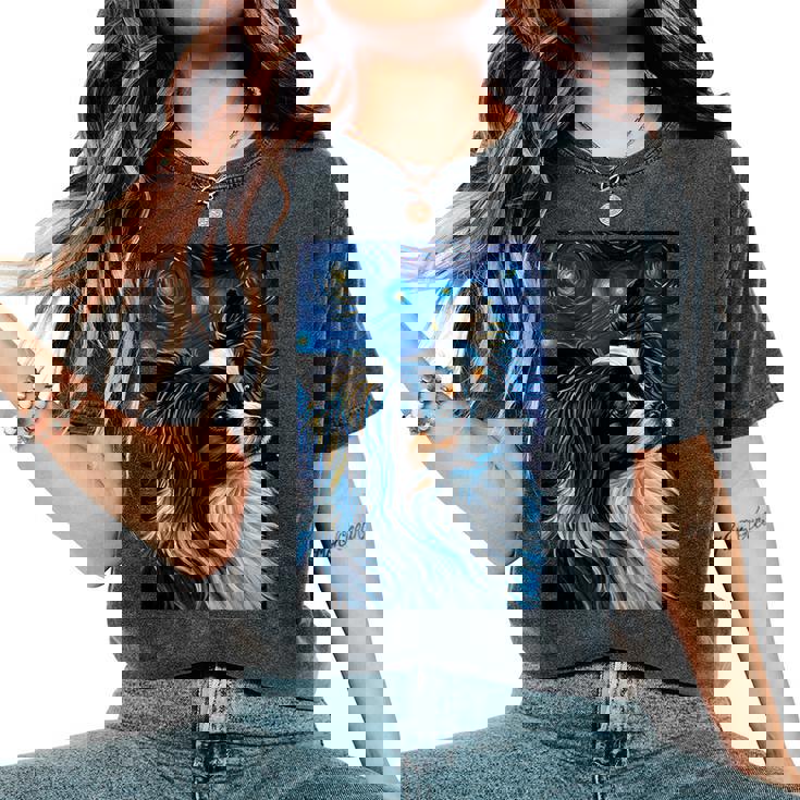 星月夜のパピヨン 絵画 犬 お母さん お父さん レディースオーバーサイズコンフォートTシャツ