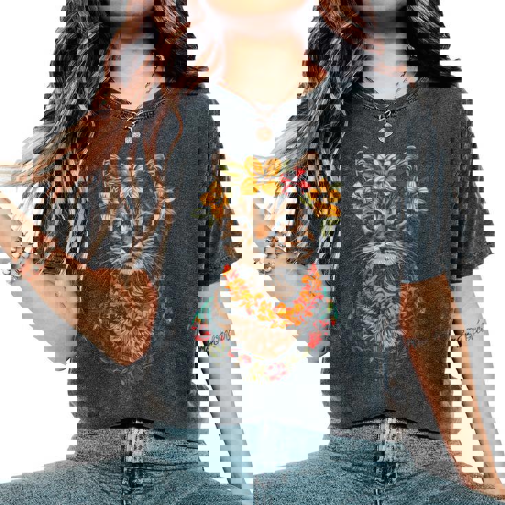 猫 ハワイアン 花 フラ ハイビスカス 面白い かわいい ハワイ レディースオーバーサイズコンフォートTシャツ