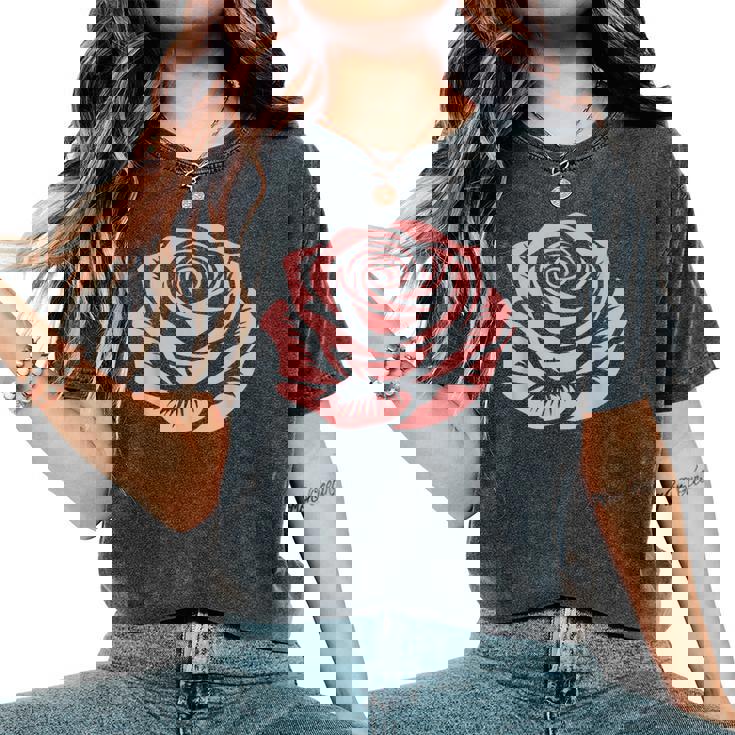 赤 バラ 花 バラの頭 庭 夏 Rose Red Flower Roses レディースオーバーサイズコンフォートTシャツ