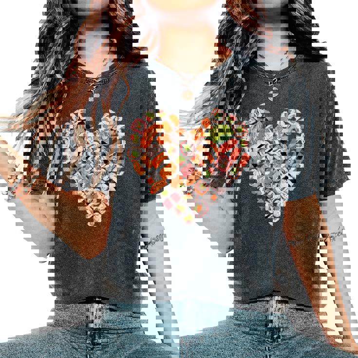 面白い寿司デザイン 子供 男性 女性 I ハート 寿司 食通 レディースオーバーサイズコンフォートTシャツ