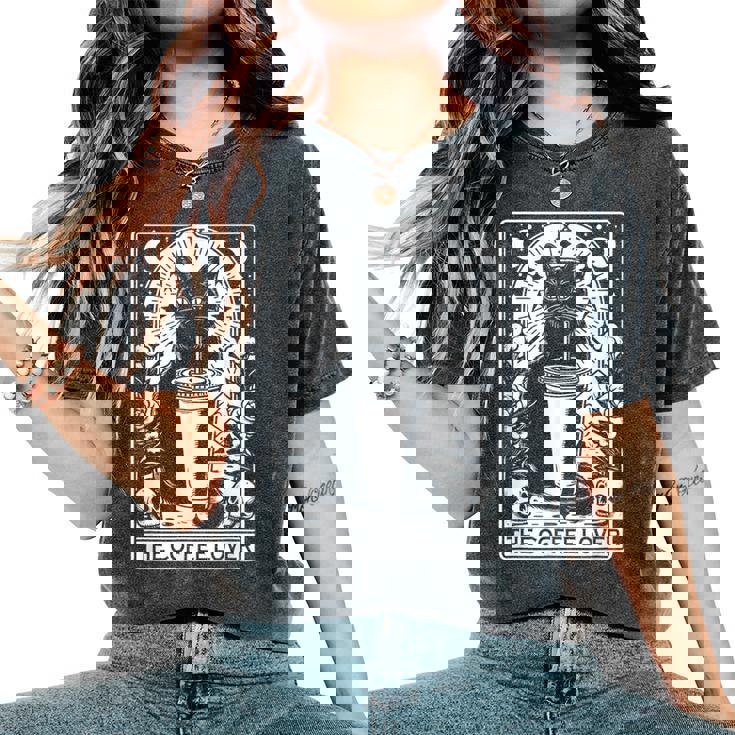 The Coffee Lover Cat ビンテージ ゴシック タロットカード レディースオーバーサイズコンフォートTシャツ