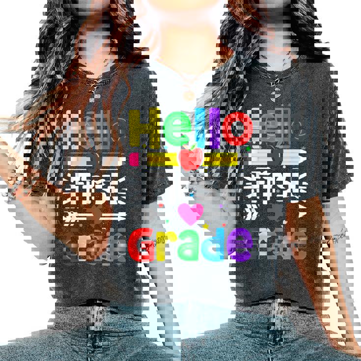 Hello First Grade Back Tochool 1St Day Of 1St Grade レディースオーバーサイズコンフォートTシャツ