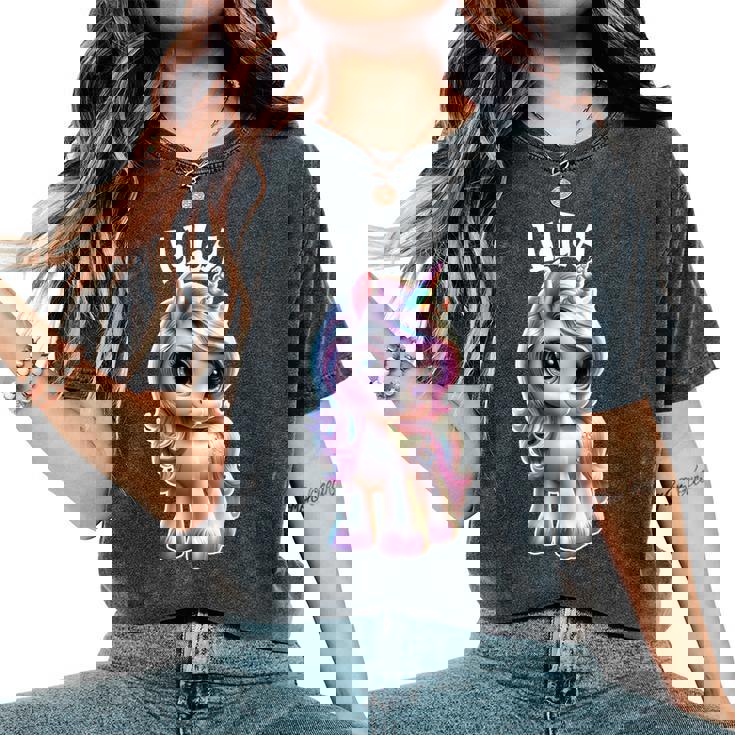 Lila かわいいユニコーンデザイン 女の子用 名前 Lila レディースオーバーサイズコンフォートTシャツ