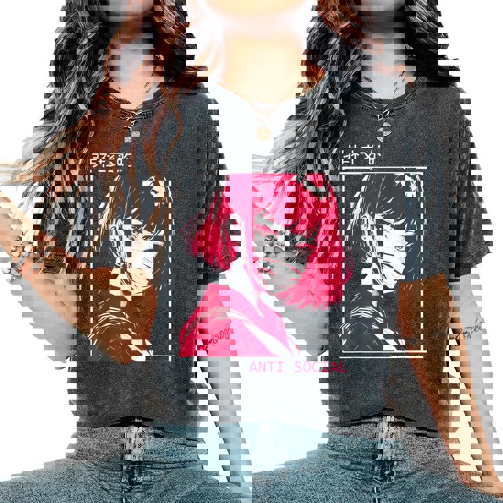 アンチソーシャル アニメ 女の子 マスク付き 漢字テキストaporwave レディースオーバーサイズコンフォートTシャツ