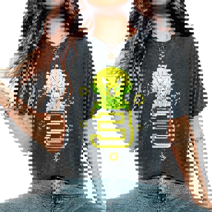 キッズ 3歳 赤ちゃん トリケラトプス 誕生日 恐竜 男の子 女の子 レディースオーバーサイズコンフォートTシャツ