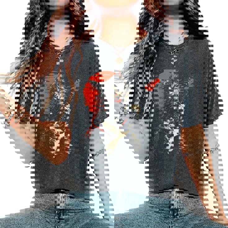 ロックキャット ギターを弾く ファニーキャット エレキギター 男性 女性 レディースオーバーサイズコンフォートTシャツ ロックキャット ギターを弾く ファニーキャット エレキギター 男性 女性 レディースオーバーサイズコンフォートTシャツ