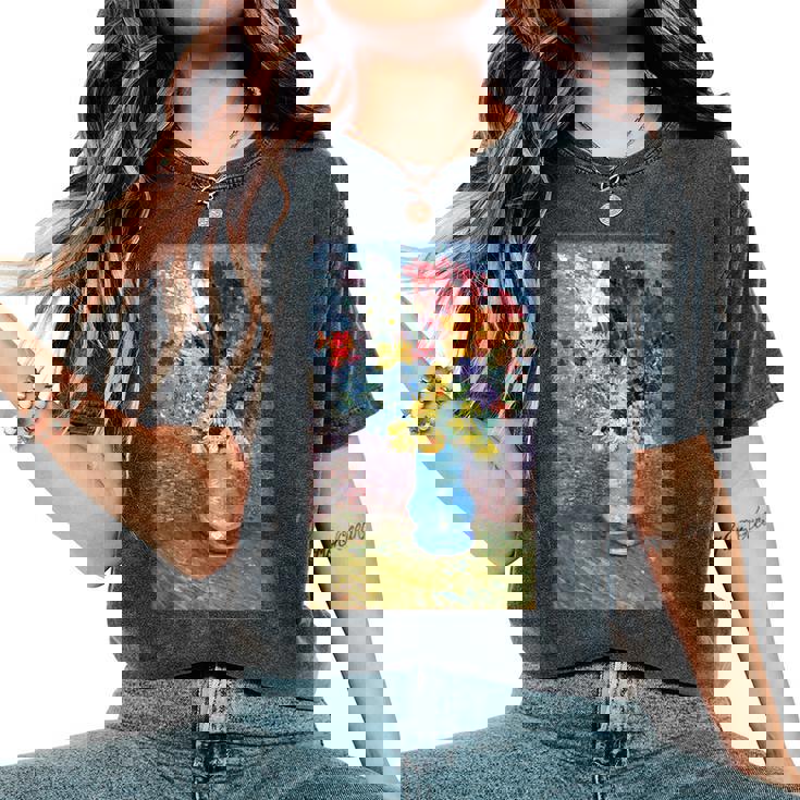 ヴィンセント・ヴァン・ゴッホの花 青い花瓶のヴィンテージ 美術品 レディースオーバーサイズコンフォートTシャツ