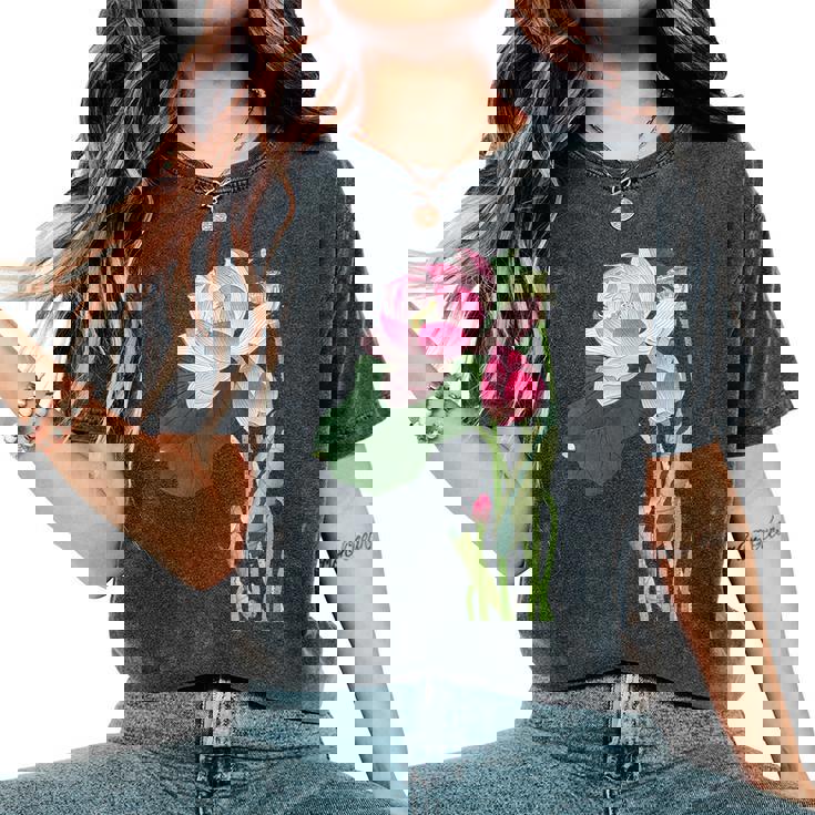 咲く蓮の花 蓮の花 ハス ヴィンテージ 日本美術 小原古邨 新版画 レディースオーバーサイズコンフォートTシャツ