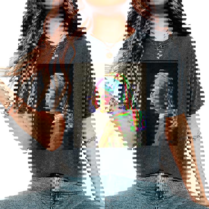 真珠の耳飾りの少女ヨハネスフェルメールグリッチ絵画 Girl With A Pearl Earringermeer レディースオーバーサイズコンフォートTシャツ