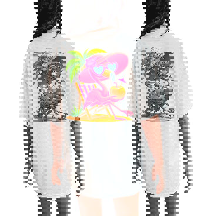 Summer Vibes Pink Flamingo Beach Palm Tree Summer Vacation Women's Oversized Comfort T-Shirt Back Print