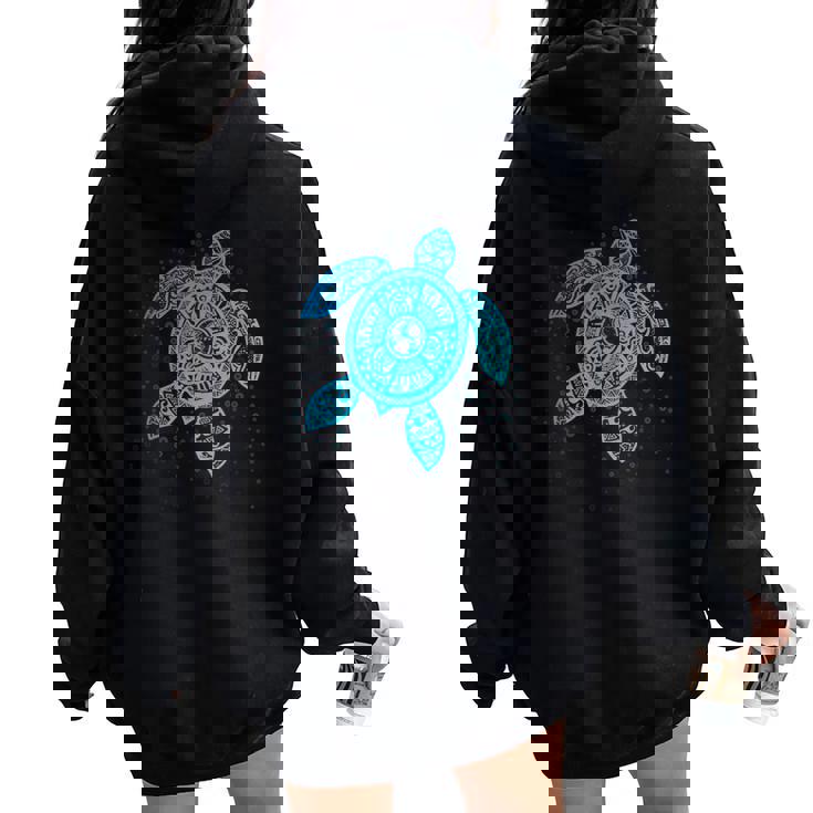 Boho Tiki ティールウミガメ 気泡付き 亀 レディース オーバーサイズ パーカー バックプリント
