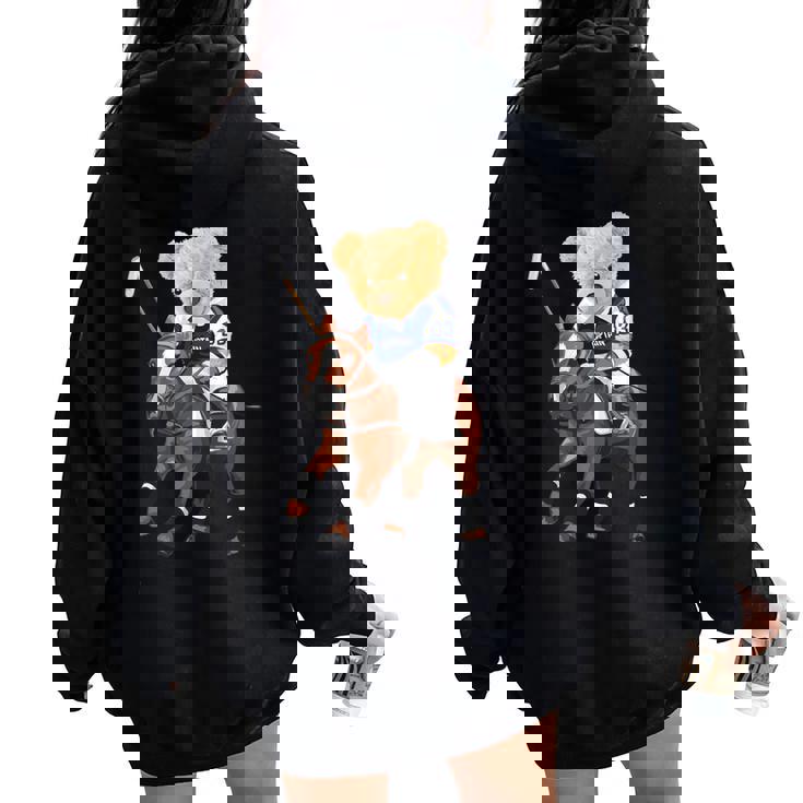 Cool Teddy Bear Playing Horse Polo Game Illustration Graphic レディース オーバーサイズ パーカー バックプリント