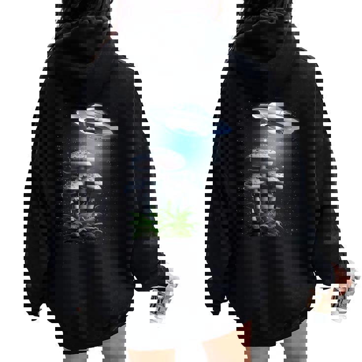 Ufo Hovering Over Weird Mushroomsci-Fi Magichrooms レディース オーバーサイズ パーカー バックプリント