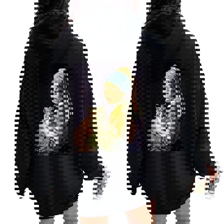 Girl With A Pearl Earring And A Cat 名画パロディ アート猫 レディース オーバーサイズ パーカー バックプリント Girl With A Pearl Earring And A Cat 名画パロディ アート猫 レディース オーバーサイズ パーカー バックプリント