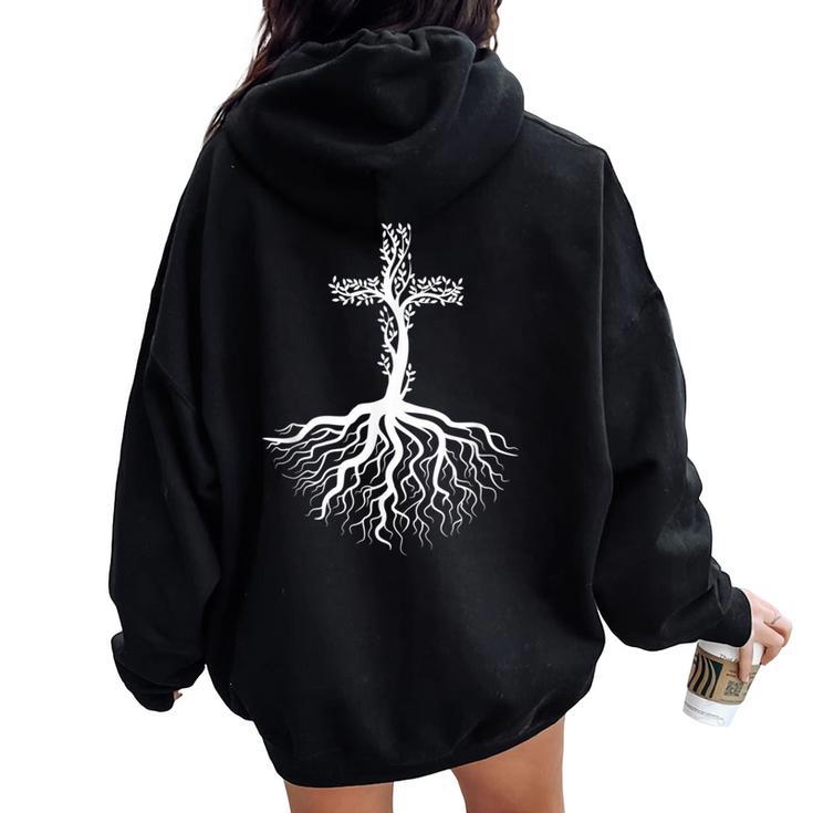 Las Raíces De La Fe En Jesús Run Deep Christian Women Oversized Hoodie Back Print