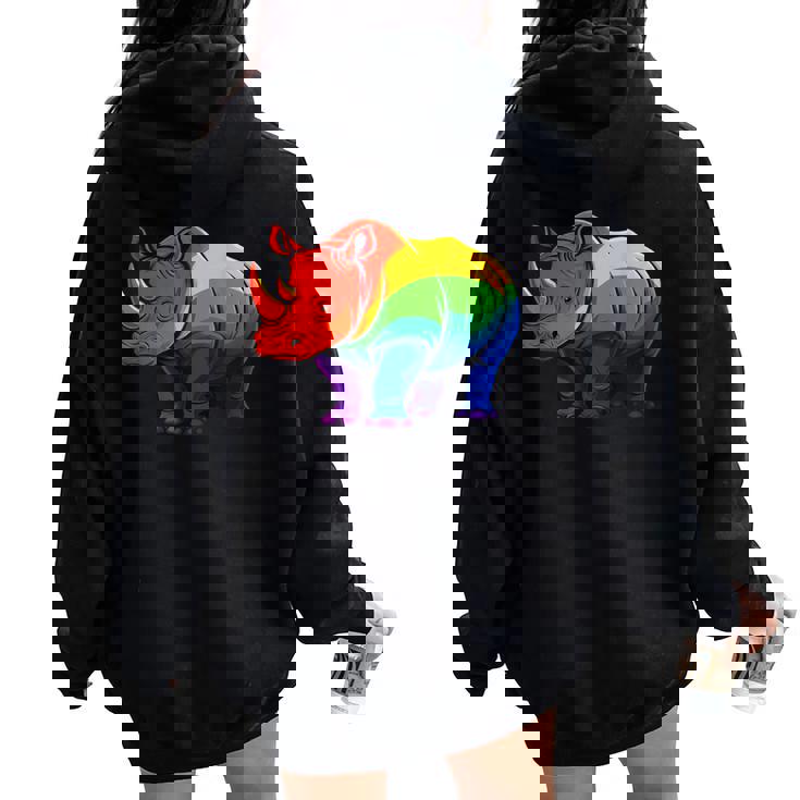 Lgbt 力強い虹色のサイ Rainbow Rhinoceros Graphic レディース オーバーサイズ パーカー バックプリント