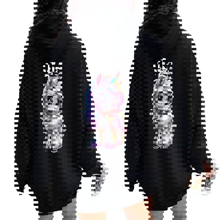 Lila かわいいユニコーンデザイン 女の子用 名前 Lila レディース オーバーサイズ パーカー バックプリント