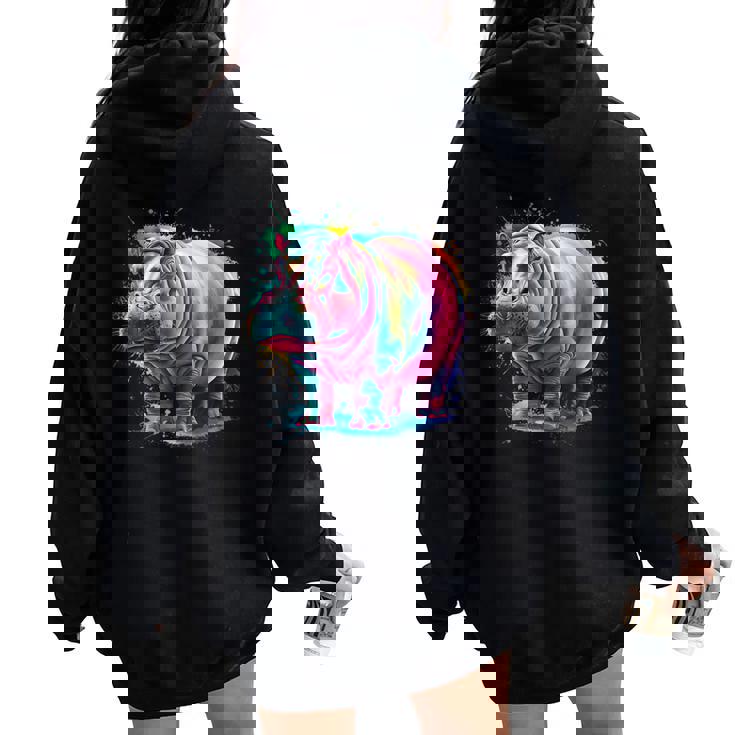 カバ 男性 女性 カラフル 水彩 カバ レディース オーバーサイズ パーカー バックプリント