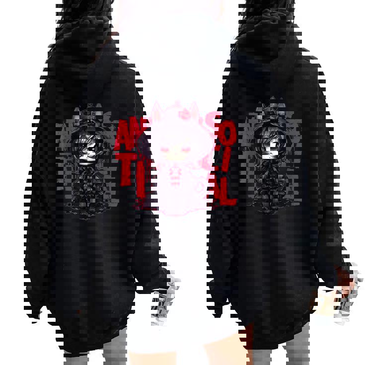 カワイイ アニメ ゴシック 猫 女の子 ちび 反社会的 メンヘラ グランジ レディース オーバーサイズ パーカー バックプリント