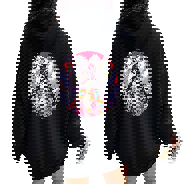 キツネ 九尾狐と日本アニメ 女の子 レディース オーバーサイズ パーカー バックプリント