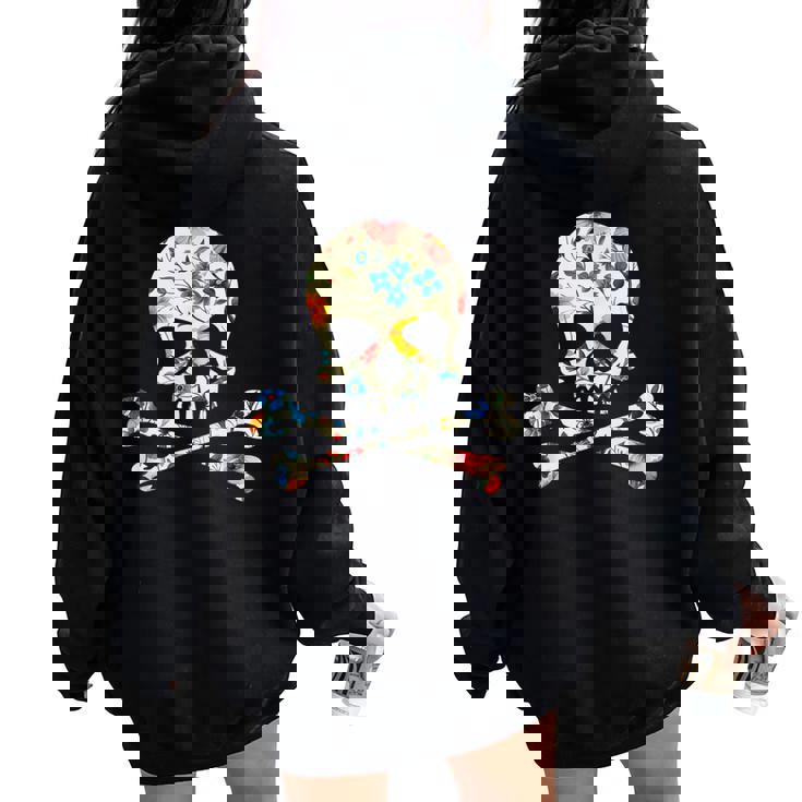 ジョリー・ロジャーのシルエット 花柄 スカル＆クロスボーン レディース オーバーサイズ パーカー バックプリント