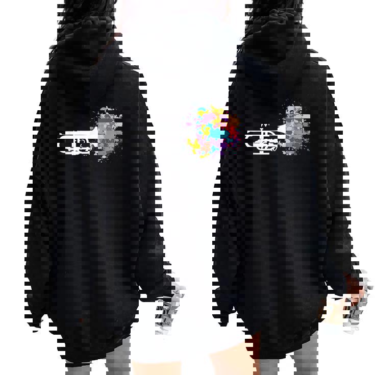 トランペット 女性 男性 音楽 教師 カラフル コルネット コルネティスト レディース オーバーサイズ パーカー バックプリント