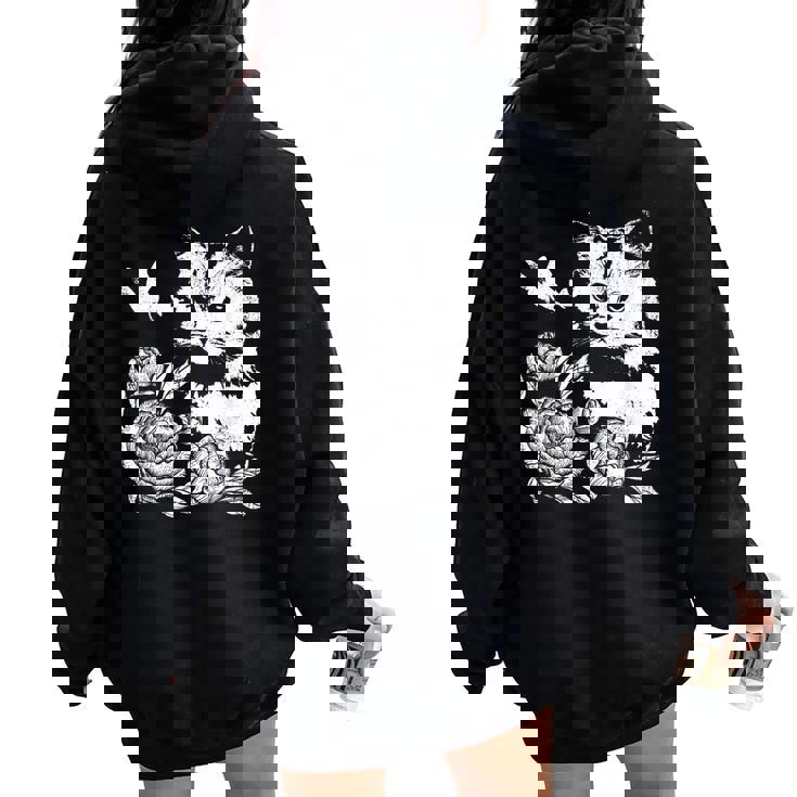 バラと蝶の猫、花柄 レディース オーバーサイズ パーカー バックプリント