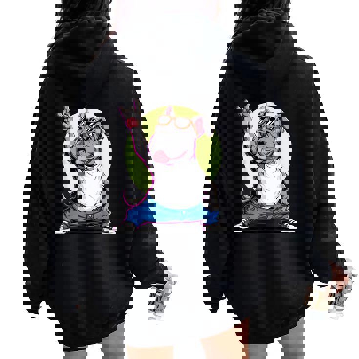 ブルドッグ ロックミュージック 男性 子供 女性 グルービー ブルドッグ レディース オーバーサイズ パーカー バックプリント