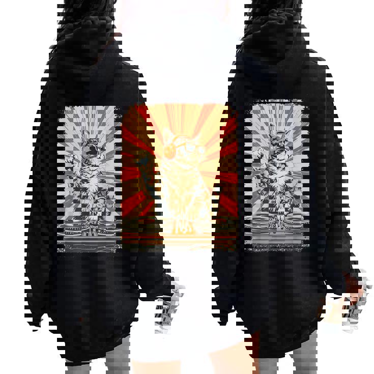 レトロ Dj 猫 ヘッドフォン付き ディスコ 音楽愛好家 男性 女性 キッズ レディース オーバーサイズ パーカー バックプリント