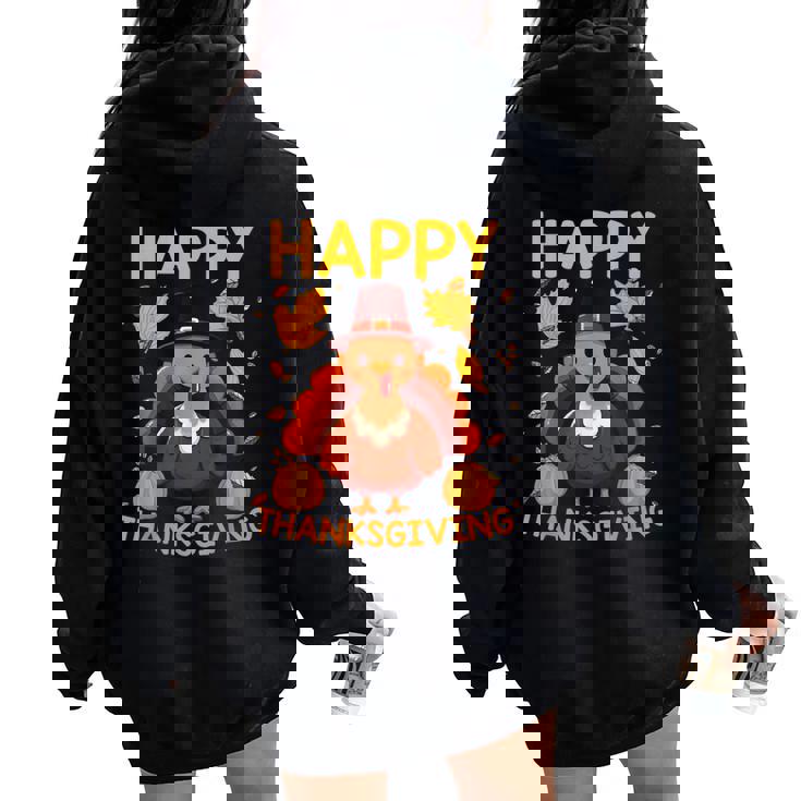 七面鳥の日ファミリーディナーとハッピー感謝祭の男性女性。 レディース オーバーサイズ パーカー バックプリント