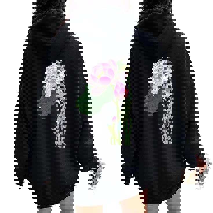 咲く蓮の花 蓮の花 ハス ヴィンテージ 日本美術 小原古邨 新版画 レディース オーバーサイズ パーカー バックプリント