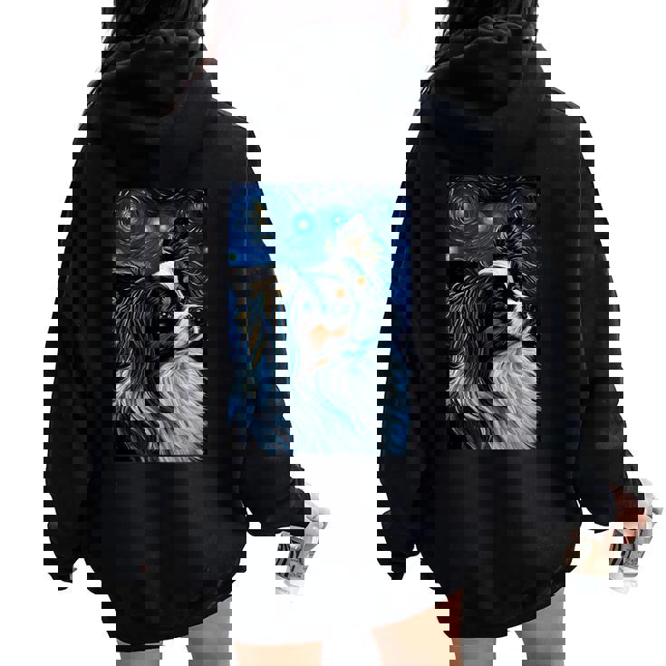 星月夜のパピヨン 絵画 犬 お母さん お父さん レディース オーバーサイズ パーカー バックプリント