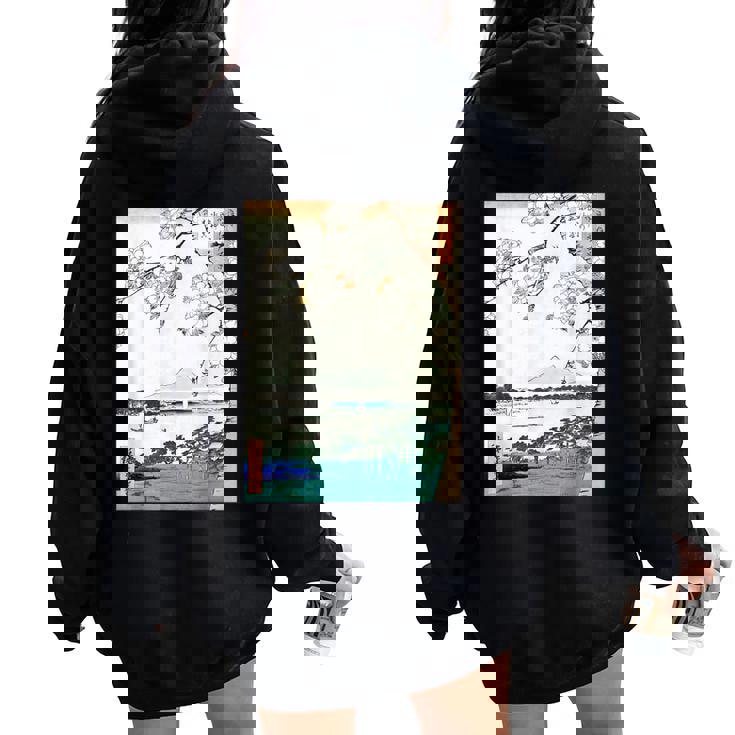 桜の花 ジャパニーズ・ヴィンテージ・アート 歌川 広重 隅田川水神の森真崎 名所江戸百景 レディース オーバーサイズ パーカー バックプリント