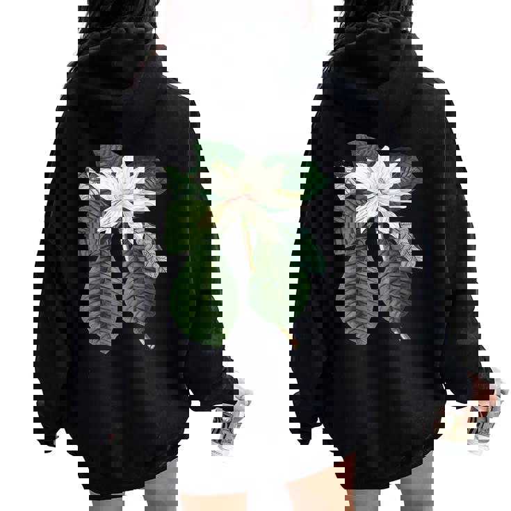 白モクレン花 ボタニカルアート レディース オーバーサイズ パーカー バックプリント