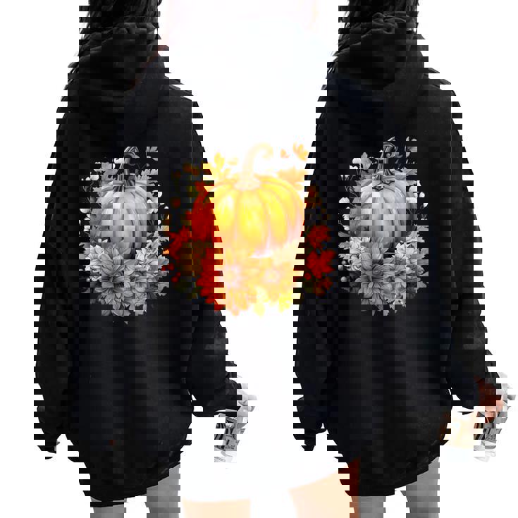 秋の花とカボチャ レディース オーバーサイズ パーカー バックプリント