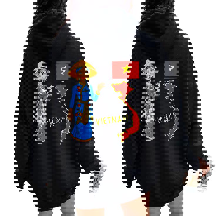 美しい笑顔のベトナムの女の子、旗とベトナムの地図 レディース オーバーサイズ パーカー バックプリント