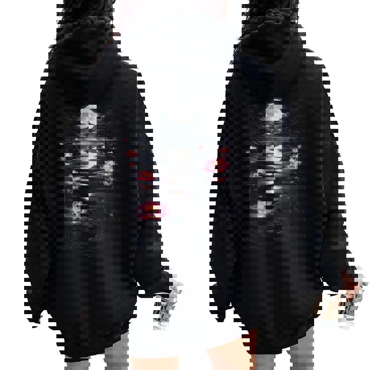 蓮の花 日本の月 反射 自然 恋人 デザイン レディース オーバーサイズ パーカー バックプリント