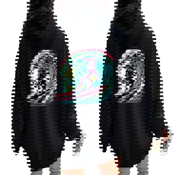 面白い猫 サーフィン ギフト 男性 女性 子供 面白い 猫 サーファー レディース オーバーサイズ パーカー バックプリント